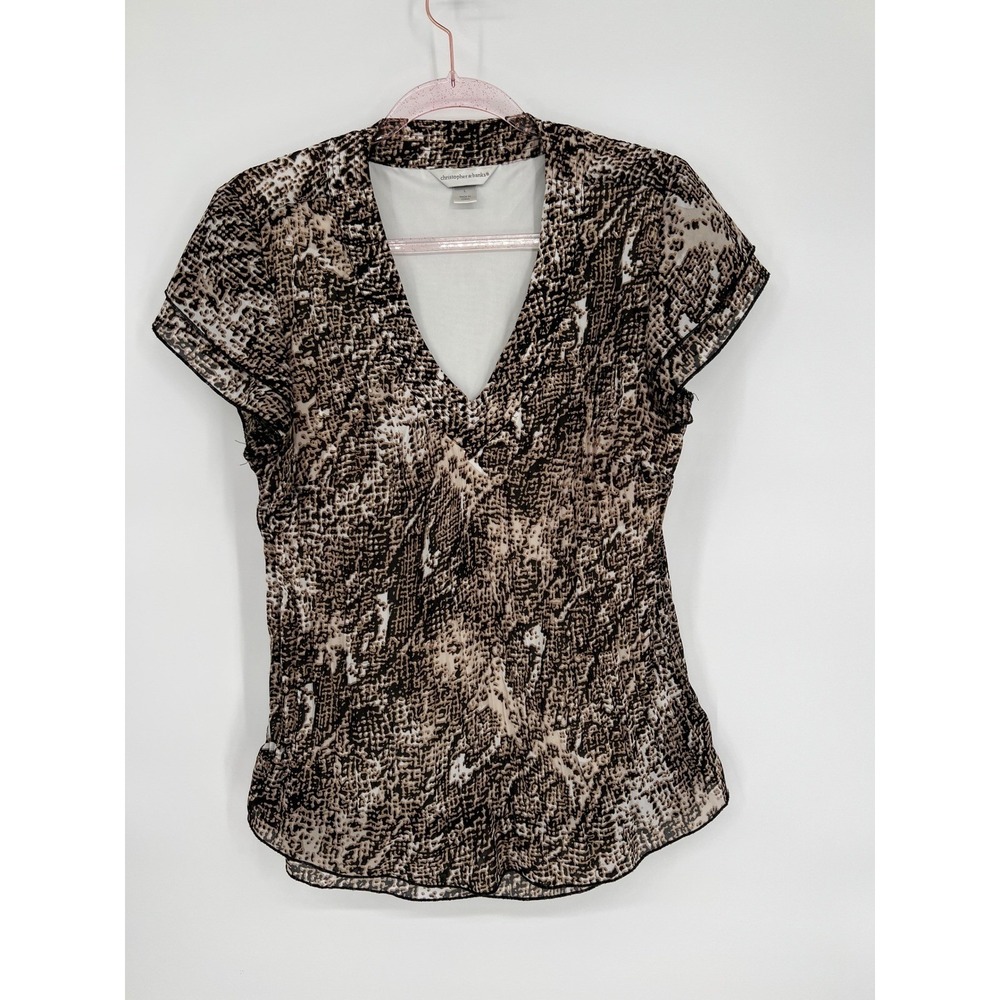 Christopher & Banks Brown Animal Print Blouse V-Neck Short Sleeve Top Size L